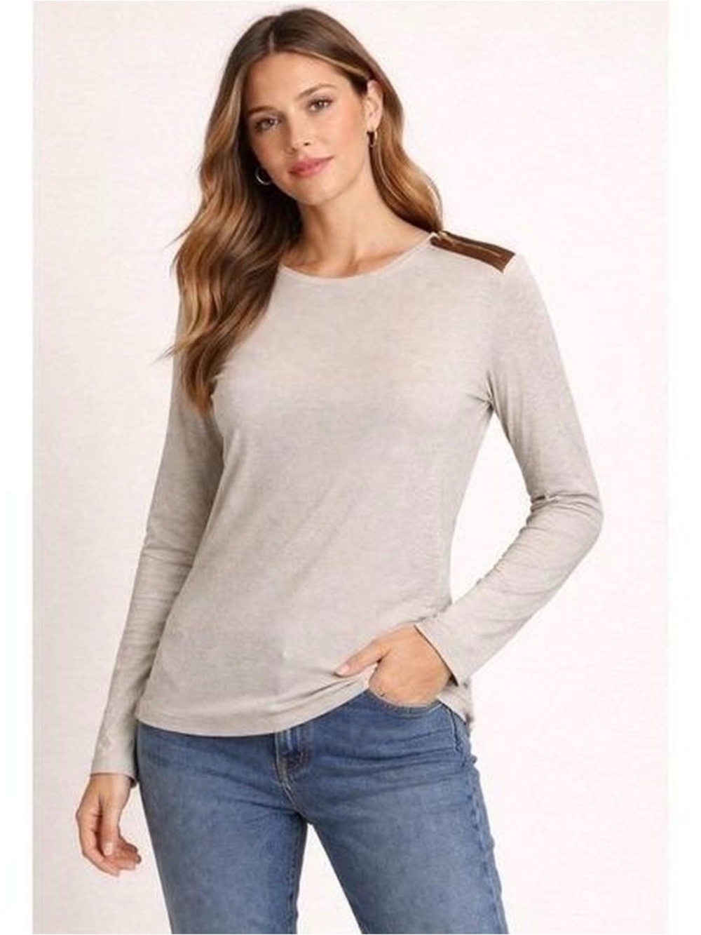 Lauren Ralph Lauren Oatmeal Ribbed Top Brown Suede Zipper Shoulder Detail M